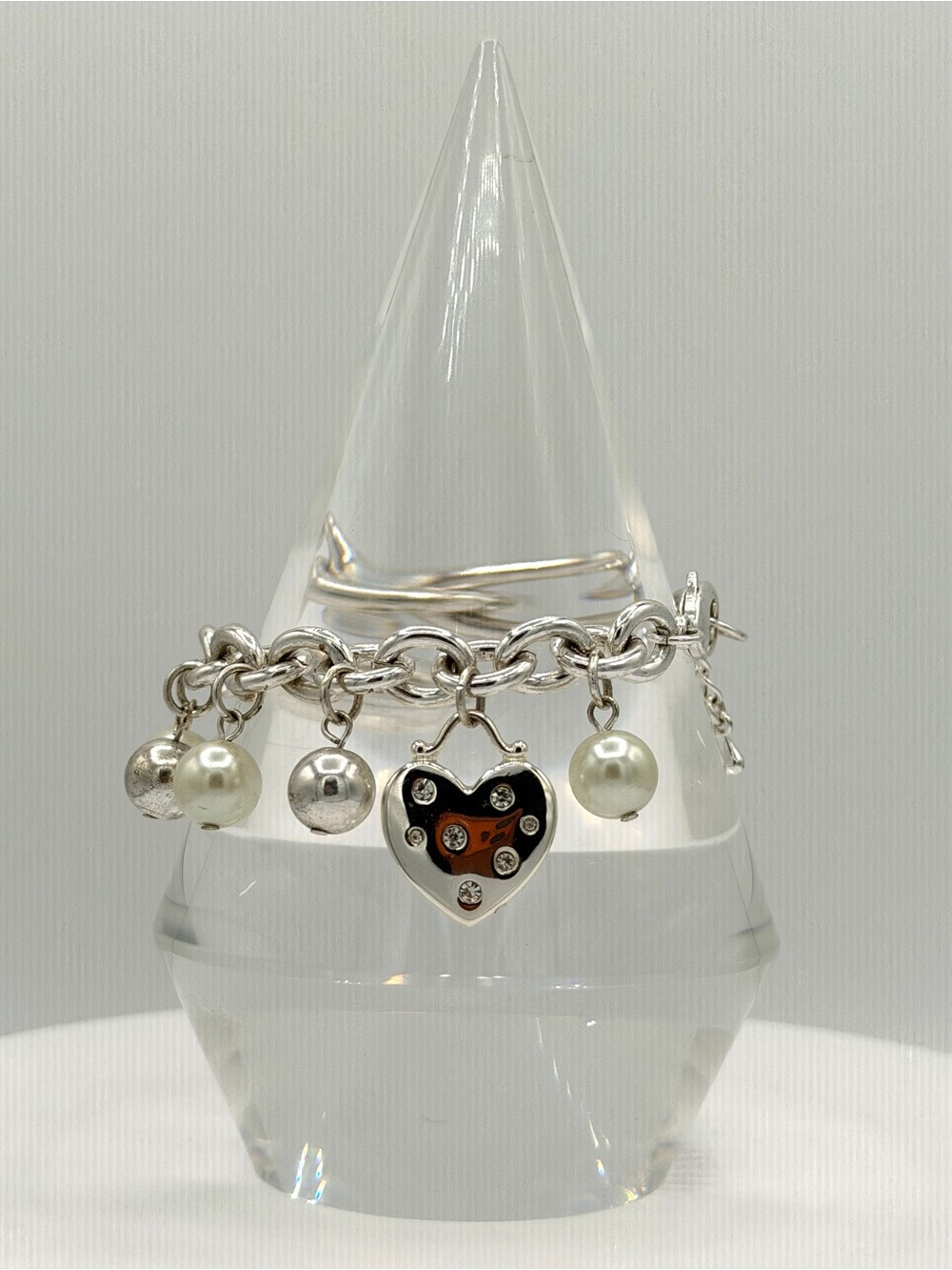 CHRISTOPHER & BANKS Silver Plated Crystal Heart Faux Pearl Charm Bracelet NEW